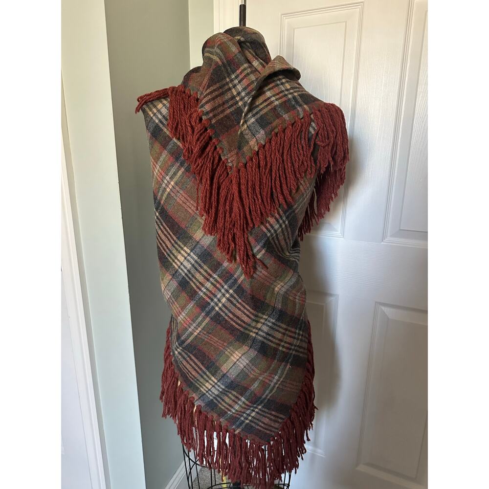 Vintage Plaid Wool Shaw Fringe Triangle brown rust gray olive green 82”x82” - Picture 9 of 16